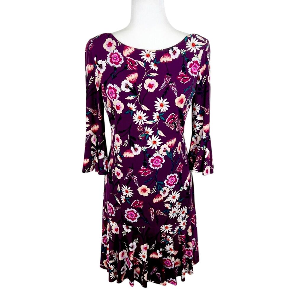 Eliza J Dress Women 6 Purple Quarter Sleeve Floral All Over Print Casual Stretch